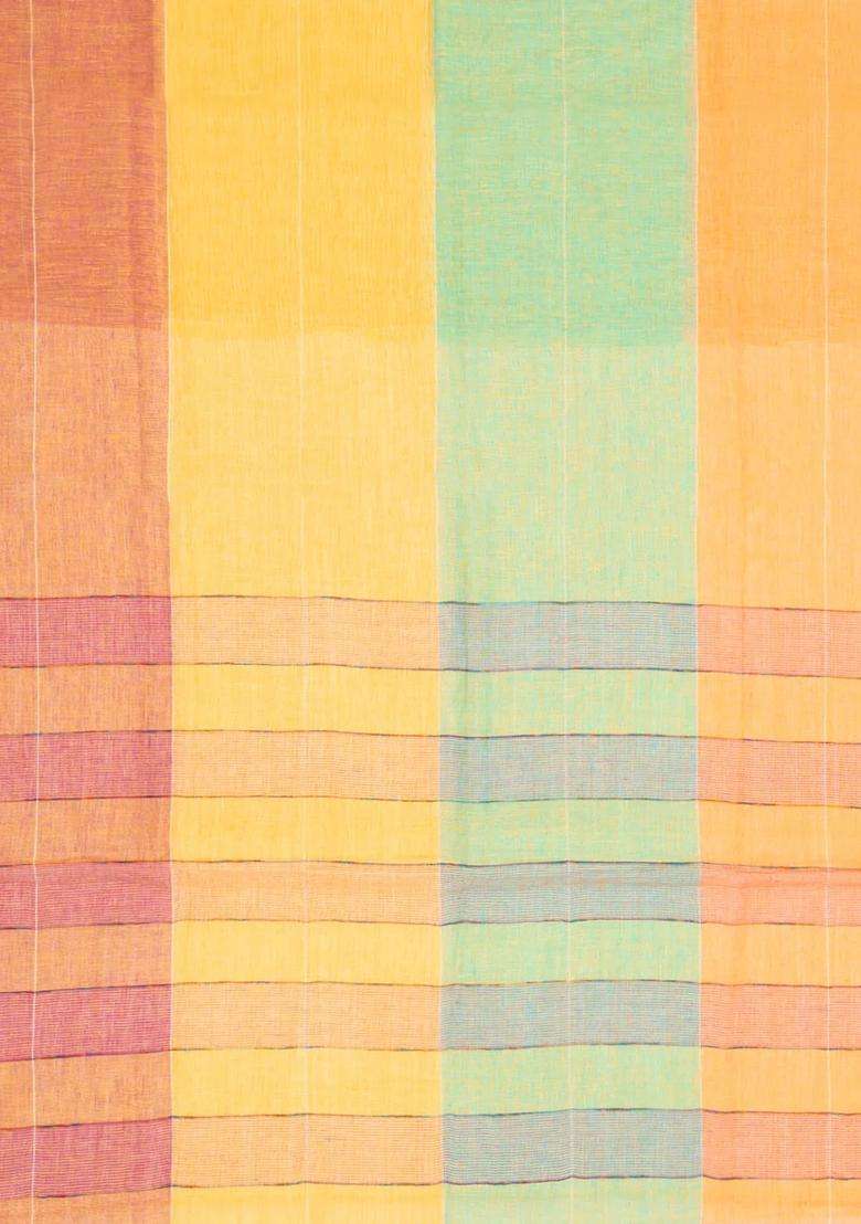 Multi Color Woven Linen Saree With Stripes With Checks And Stripes Design For Women - Indya