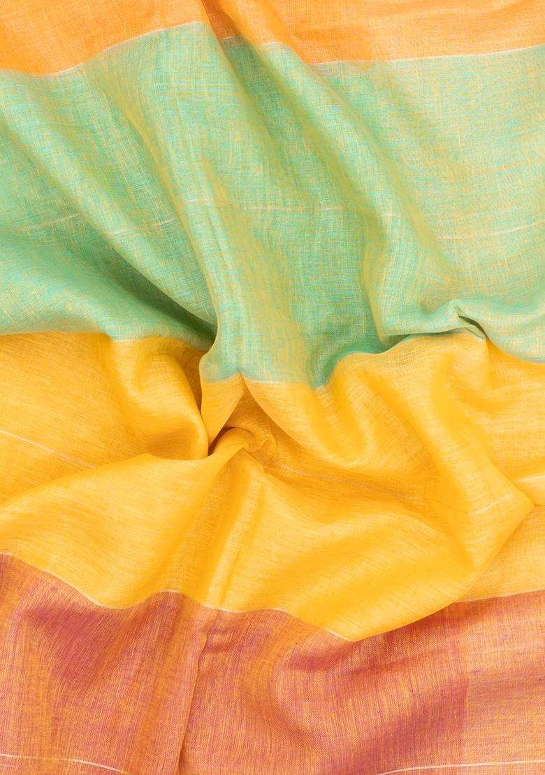 Multi Color Woven Linen Saree With Stripes With Checks And Stripes Design For Women - Indya