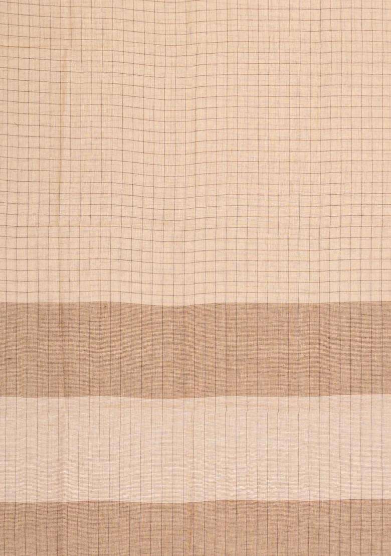 Taupe Woven Linen Saree With Checks With Checks And Stripes Design For Women - Indya
