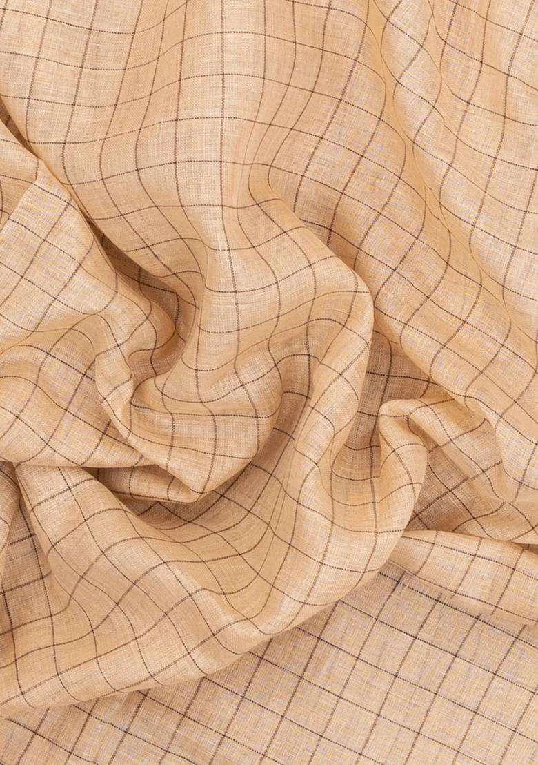Taupe Woven Linen Saree With Checks With Checks And Stripes Design For Women - Indya