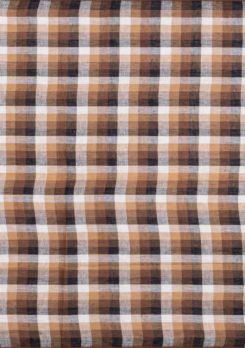 Taupe Woven Linen Saree With Checks With Checks And Stripes Design For Women - Indya