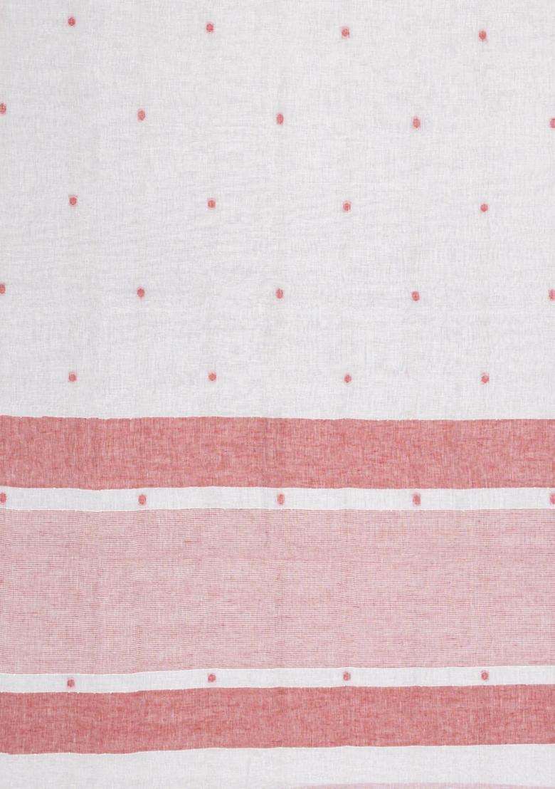 White Woven Linen Saree With Buttas With Buttas And Brocade Design For Women - Indya