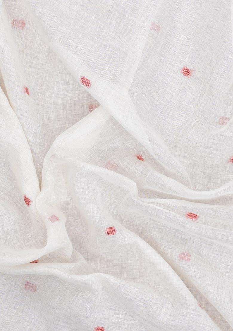 White Woven Linen Saree With Buttas With Buttas And Brocade Design For Women - Indya