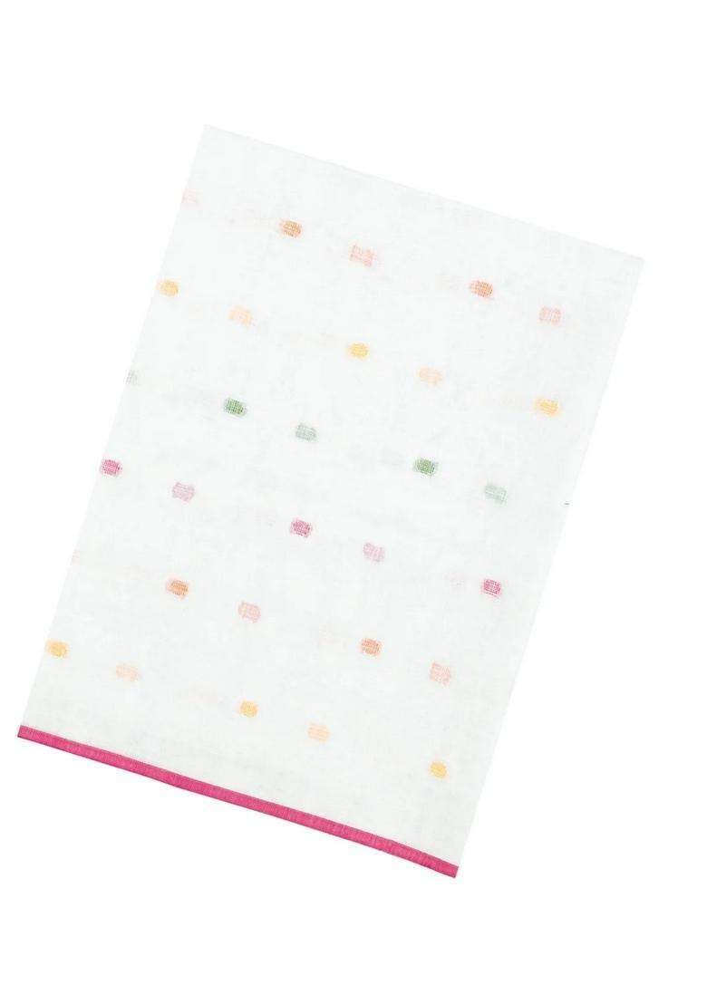 White Woven Linen Saree With Buttas With Buttas And Brocade Design For Women - Indya