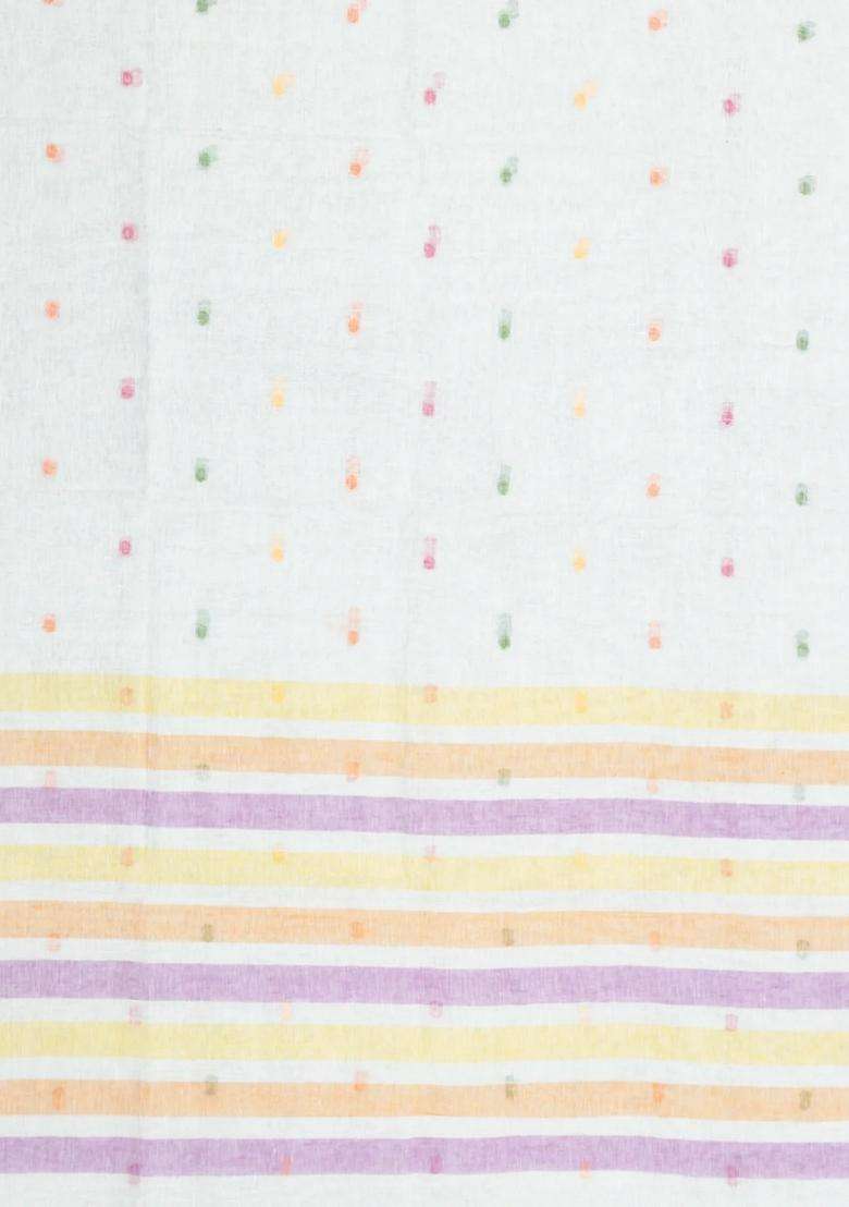 White Woven Linen Saree With Buttas With Buttas And Brocade Design For Women - Indya