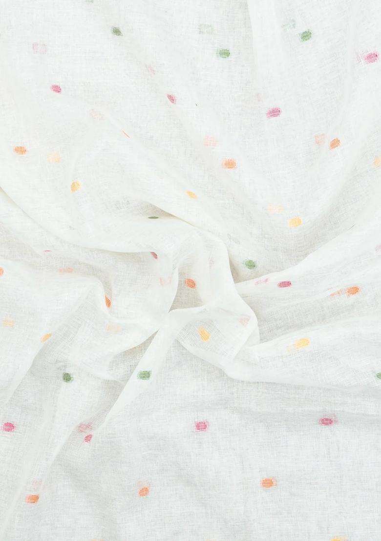 White Woven Linen Saree With Buttas With Buttas And Brocade Design For Women - Indya