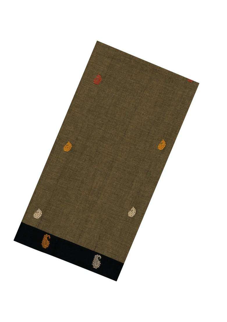 Dark Olive Handloom Bengal Cotton Saree With Floral Buttas Bg1935 Dark Olive With Buttas And Brocade Design For Women - Indya