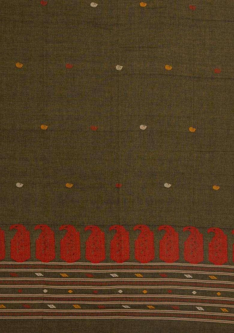 Dark Olive Handloom Bengal Cotton Saree With Floral Buttas Bg1935 Dark Olive With Buttas And Brocade Design For Women - Indya