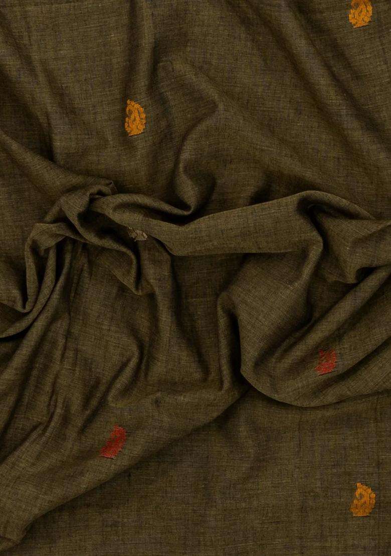 Dark Olive Handloom Bengal Cotton Saree With Floral Buttas Bg1935 Dark Olive With Buttas And Brocade Design For Women - Indya