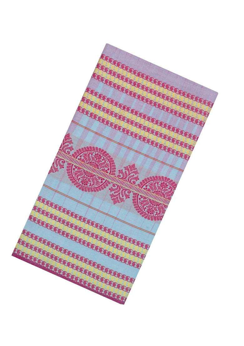 Dusty Pink Handloom Bengal Cotton Saree With Temple Border Bg1937 Dusty Pink With Korvai And Temple Border Design For Women - Indya