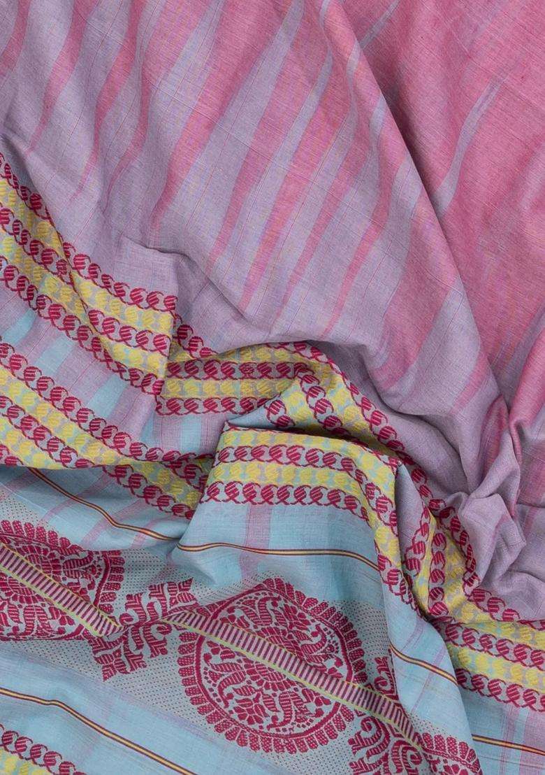 Dusty Pink Handloom Bengal Cotton Saree With Temple Border Bg1937 Dusty Pink With Korvai And Temple Border Design For Women - Indya