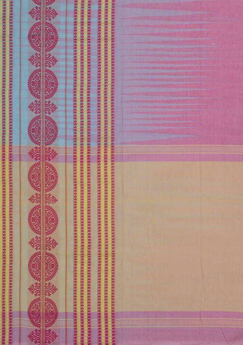 Dusty Pink Handloom Bengal Cotton Saree With Temple Border Bg1937 Dusty Pink With Korvai And Temple Border Design For Women - Indya