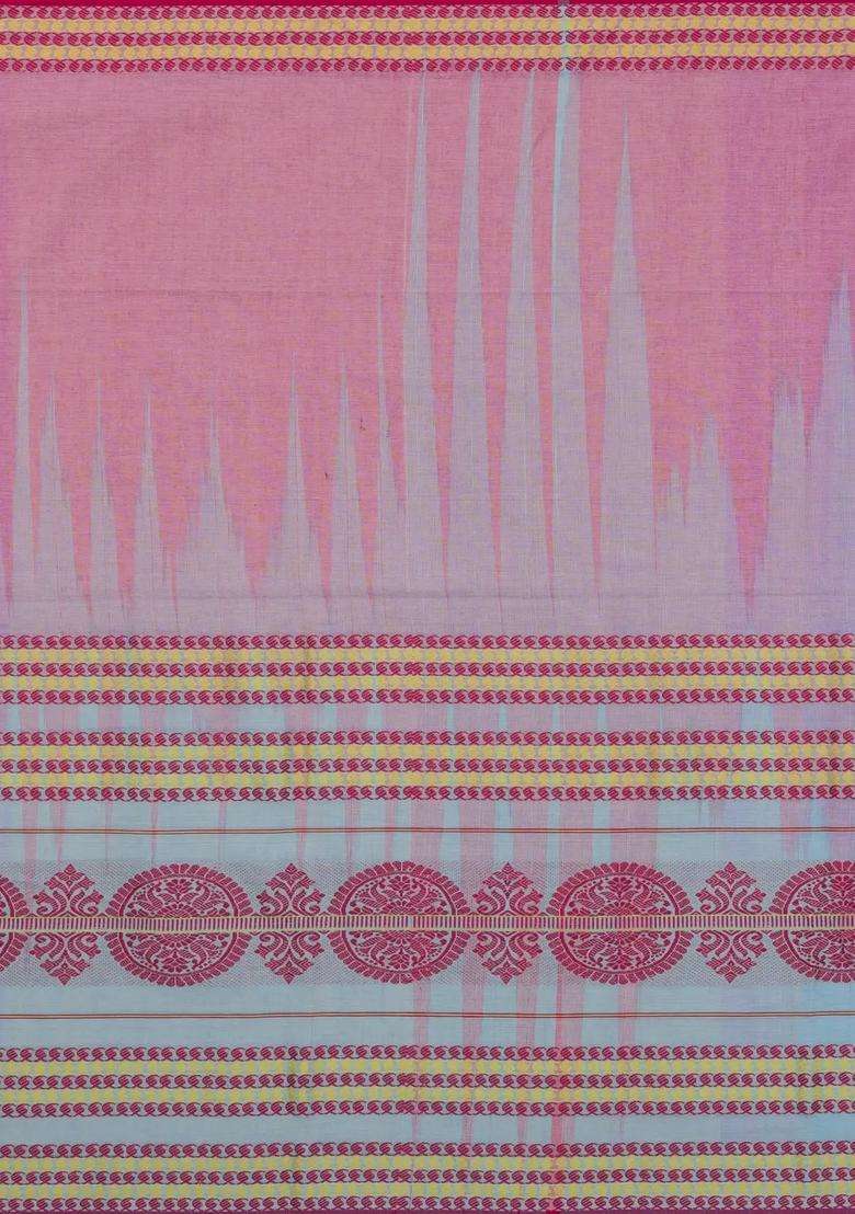 Dusty Pink Handloom Bengal Cotton Saree With Temple Border Bg1937 Dusty Pink With Korvai And Temple Border Design For Women - Indya