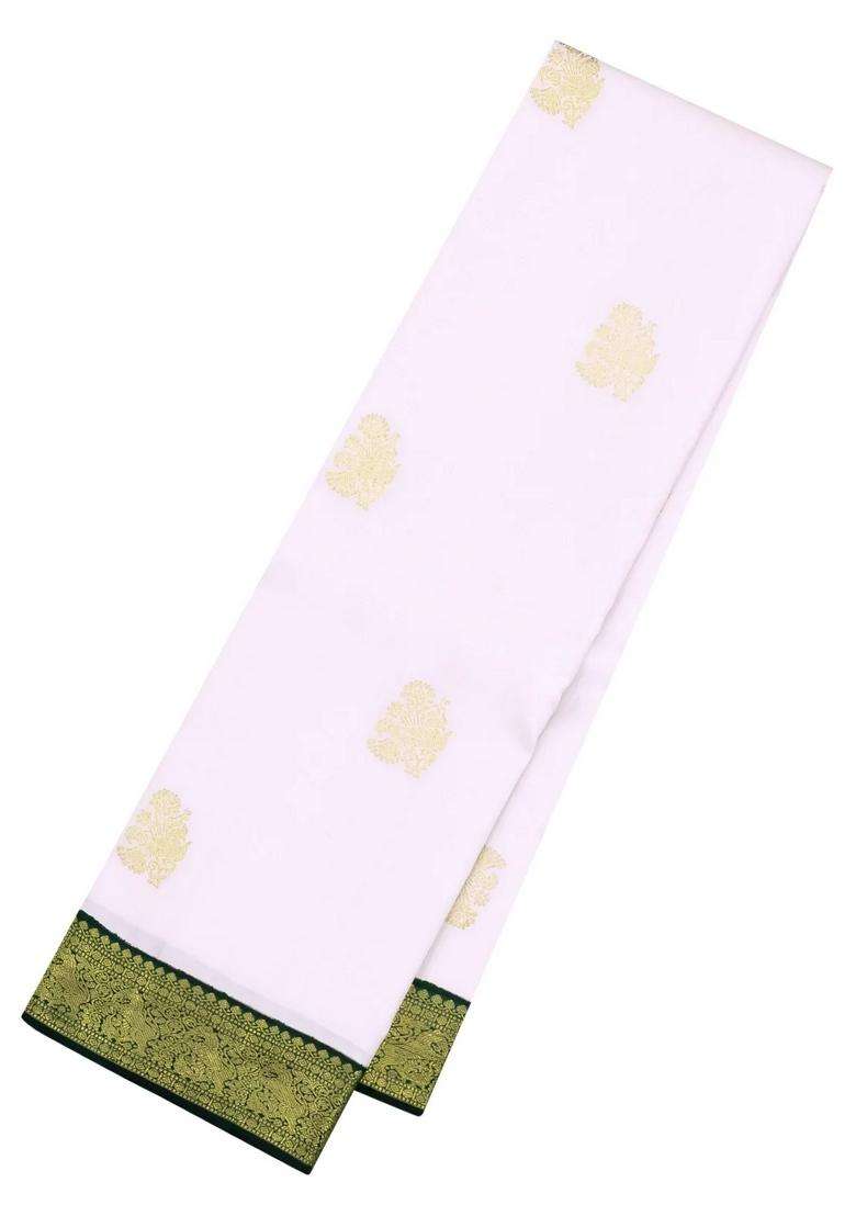 White Handloom Korvai Kanchipuram Silk Saree With Green Border With Korvai And Temple Border Design For Women - Indya
