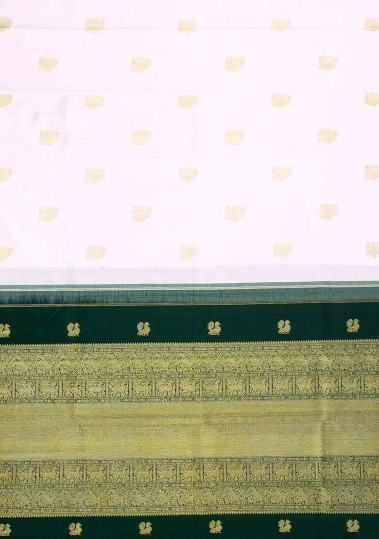 White Handloom Korvai Kanchipuram Silk Saree With Green Border With Korvai And Temple Border Design For Women - Indya