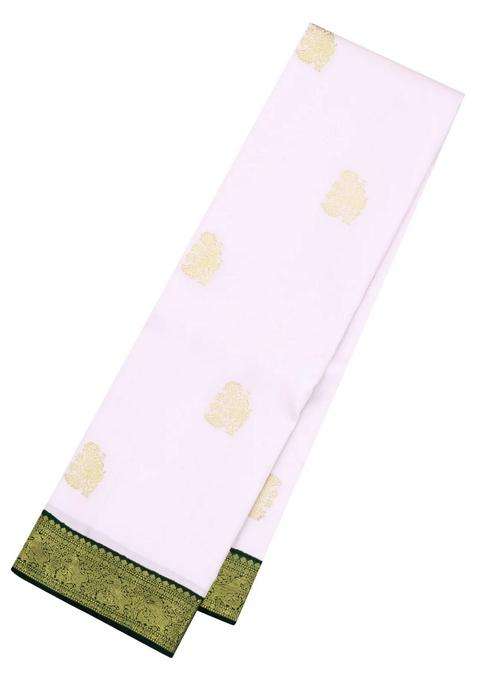 White Handloom Korvai Kanchipuram Silk Saree With Green Border With Korvai And Temple Border Design For Women