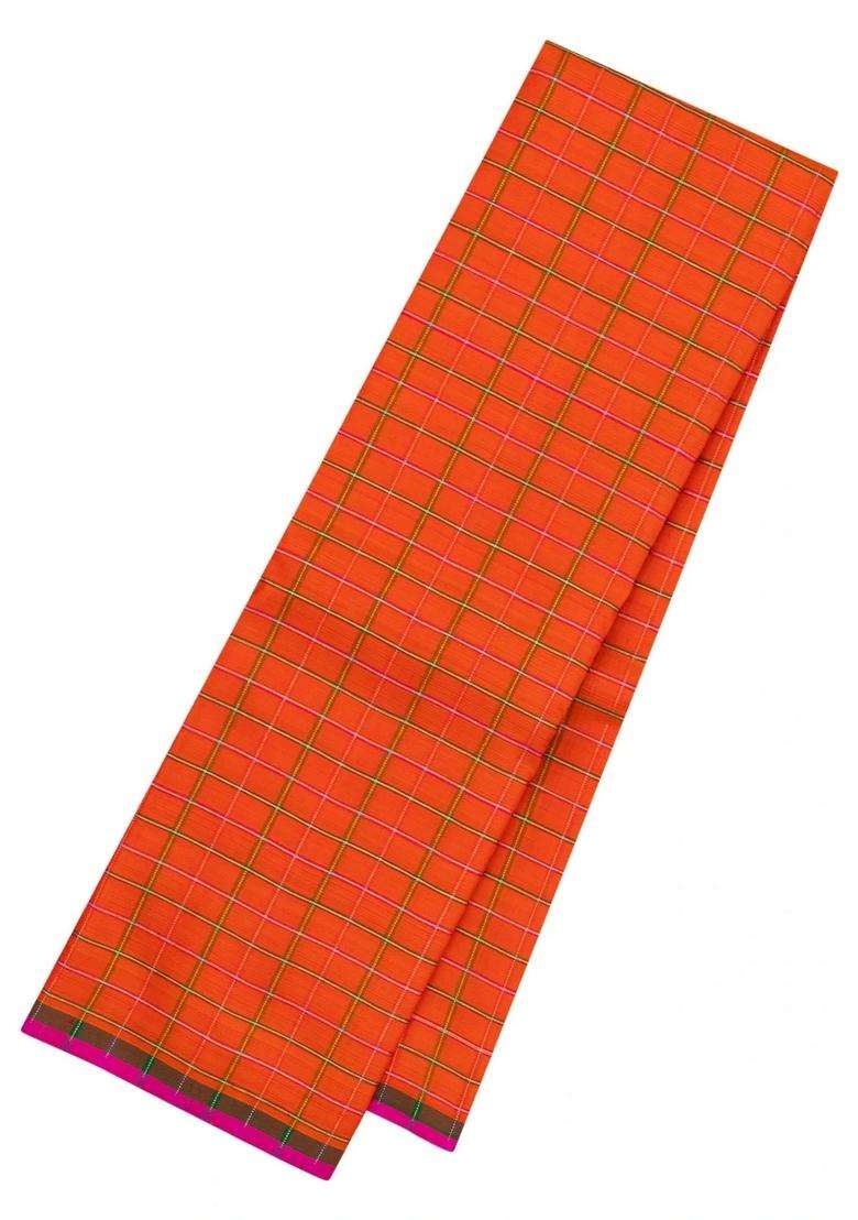 Orange Handloom Kanchipuram Silk Saree With Meena Checks With Checks And Stripes Design For Women - Indya