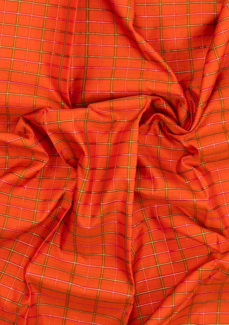 Orange Handloom Kanchipuram Silk Saree With Meena Checks With Checks And Stripes Design For Women - Indya