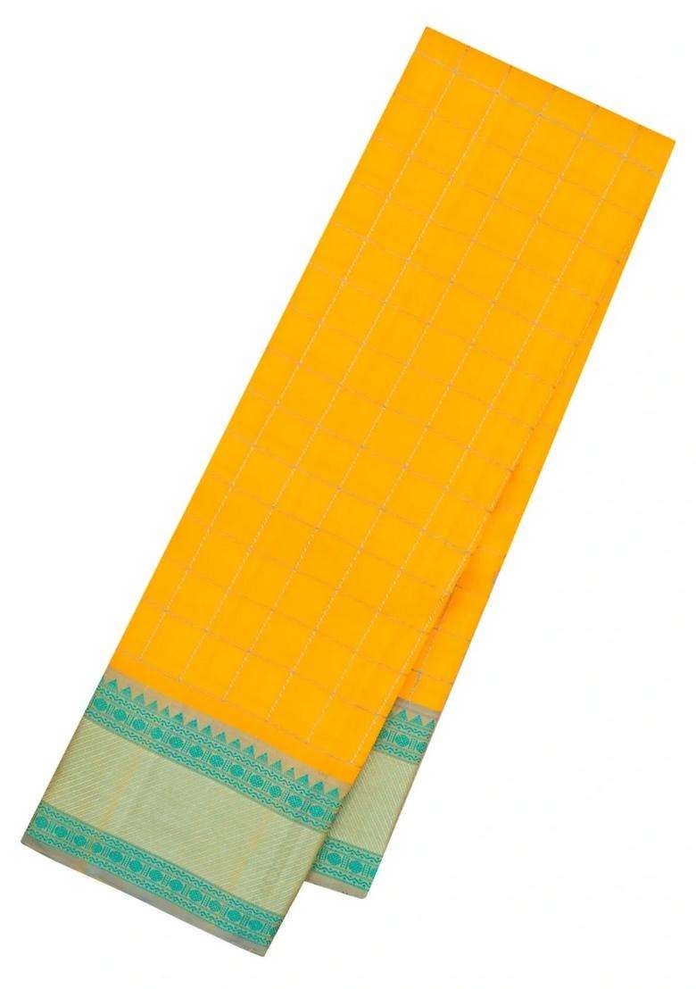 Yellow Handloom Kanchipuram Silk Saree With Checks Thread Work Border With Checks And Stripes Design For Women - Indya