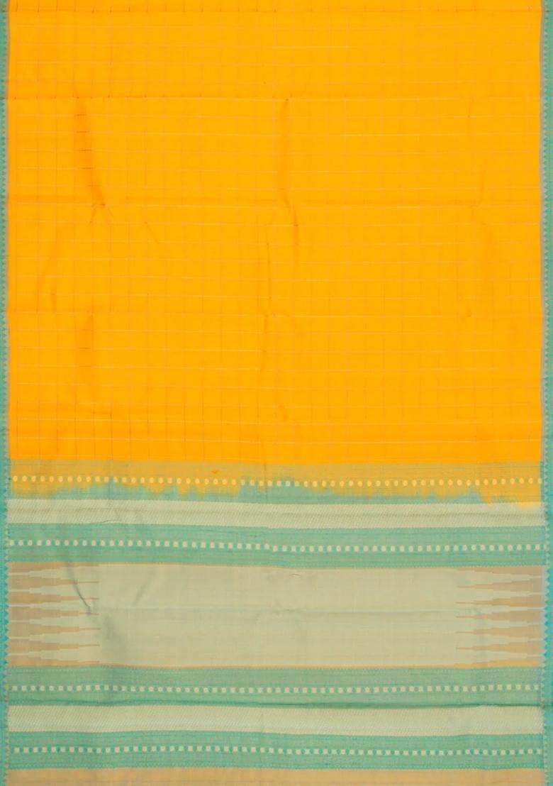 Yellow Handloom Kanchipuram Silk Saree With Checks Thread Work Border With Checks And Stripes Design For Women - Indya