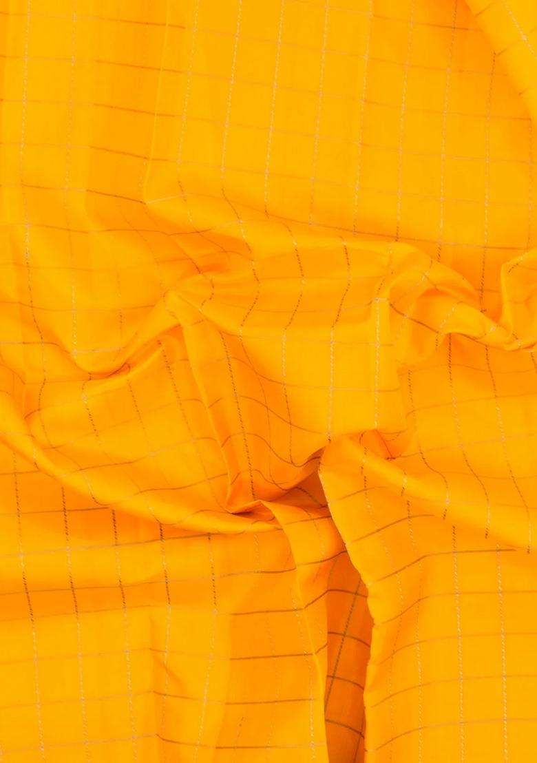 Yellow Handloom Kanchipuram Silk Saree With Checks Thread Work Border With Checks And Stripes Design For Women - Indya