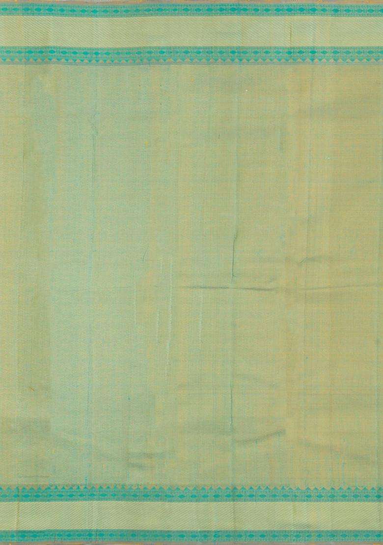 Yellow Handloom Kanchipuram Silk Saree With Checks Thread Work Border With Checks And Stripes Design For Women - Indya