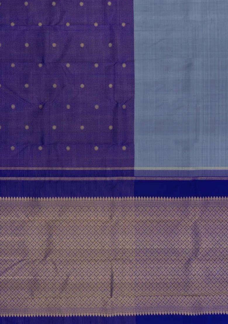 Grey Purple Handloom Kanchipuram Silk Saree With Checks Buttas With Buttas And Brocade Design For Women - Indya