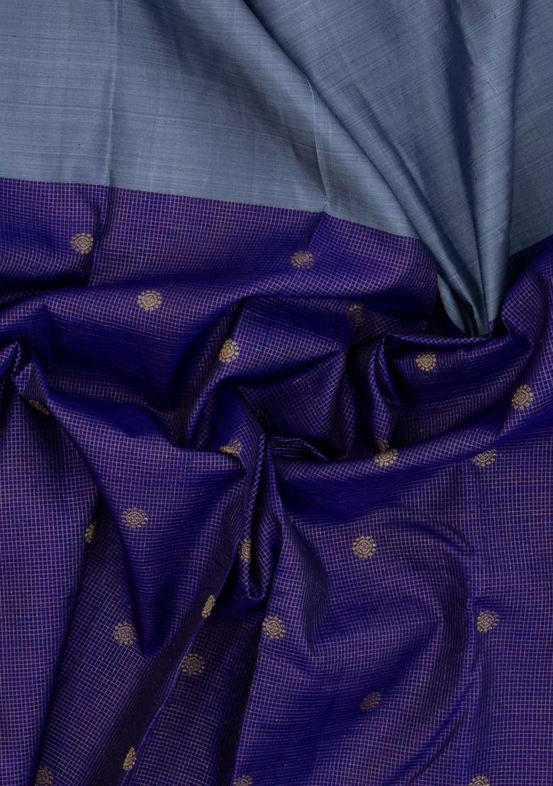 Grey Purple Handloom Kanchipuram Silk Saree With Checks Buttas With Buttas And Brocade Design For Women - Indya
