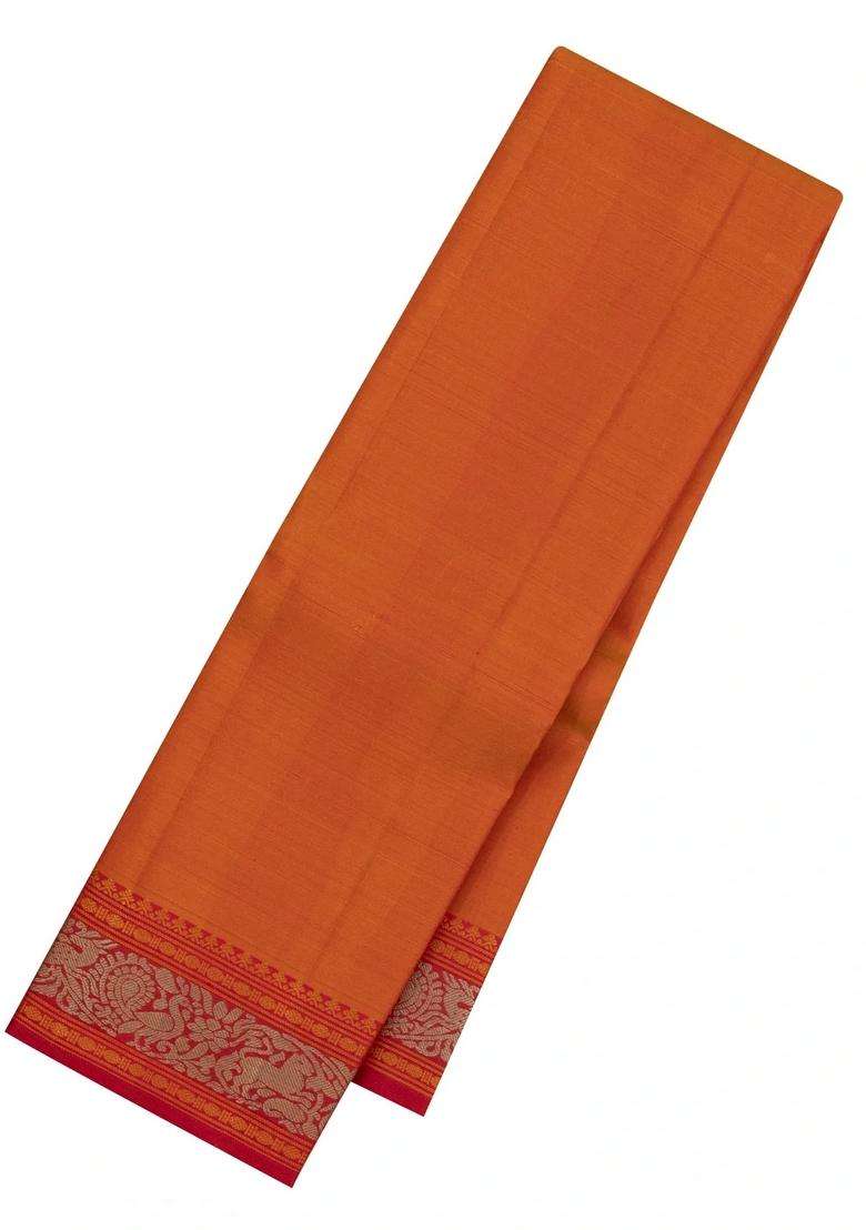 Orange Handloom Kanchipuram Silk Saree With Thread Work Border With Traditional Woven Design For Women - Indya