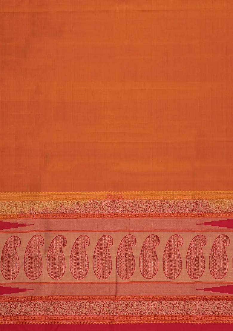 Orange Handloom Kanchipuram Silk Saree With Thread Work Border With Traditional Woven Design For Women - Indya