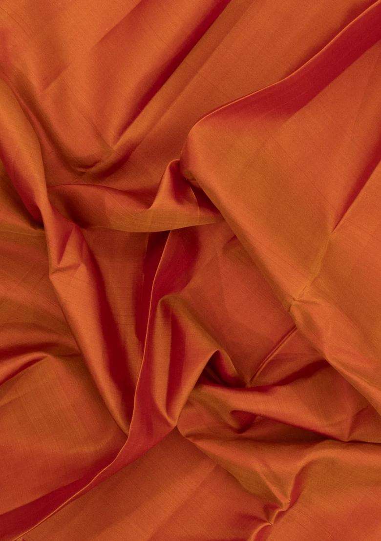 Orange Handloom Kanchipuram Silk Saree With Thread Work Border With Traditional Woven Design For Women - Indya