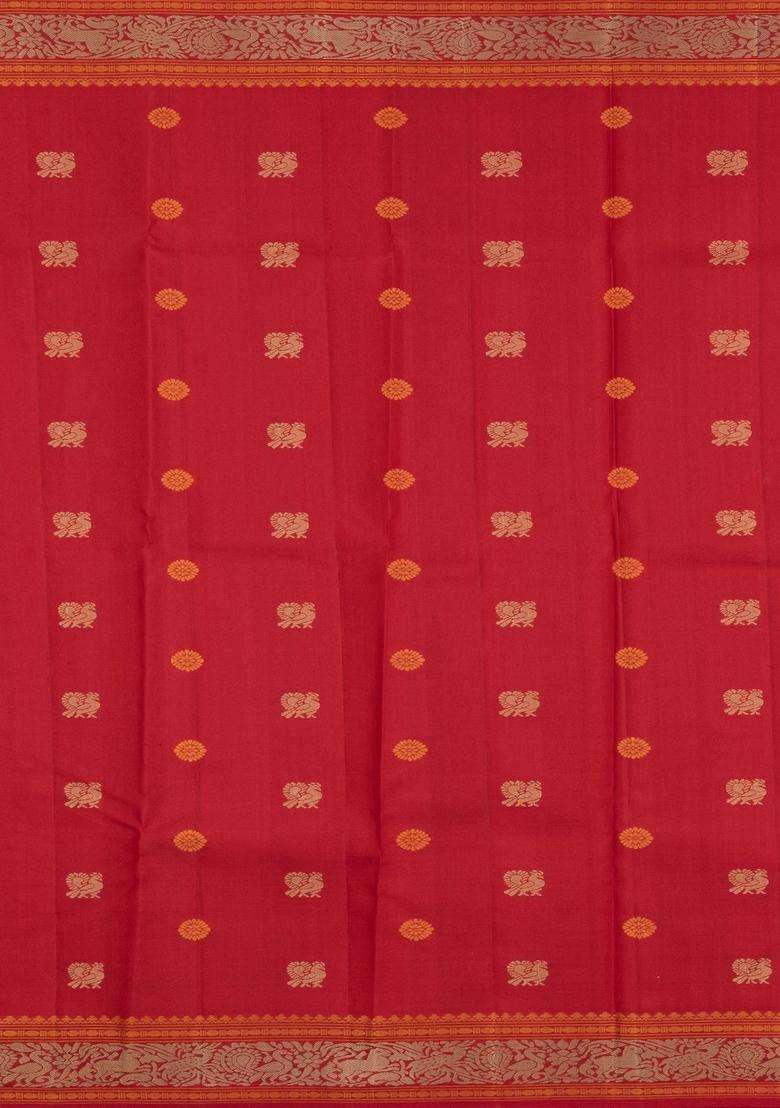 Orange Handloom Kanchipuram Silk Saree With Thread Work Border With Traditional Woven Design For Women - Indya