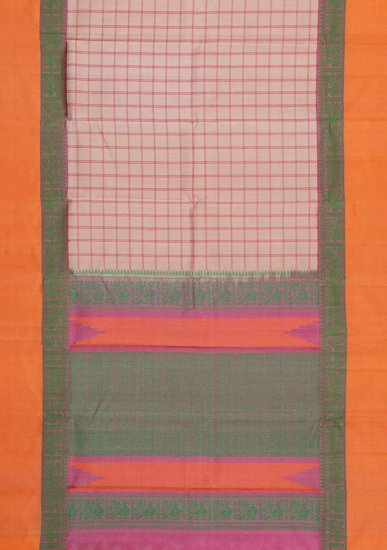 Taupe Handloom Kanchipuram Silk Saree With Checks With Checks And Stripes Design For Women - Indya