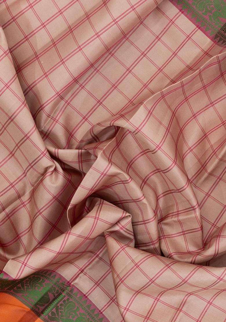 Taupe Handloom Kanchipuram Silk Saree With Checks With Checks And Stripes Design For Women - Indya