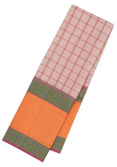 Taupe Handloom Kanchipuram Silk Saree With Checks With Checks And Stripes Design For Women