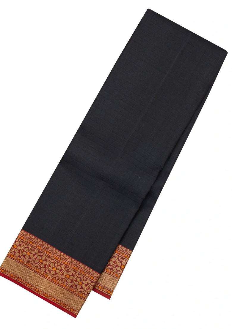 Black Handloom Kanchipuram Silk Saree With Thread Work Border With Traditional Woven Design For Women - Indya