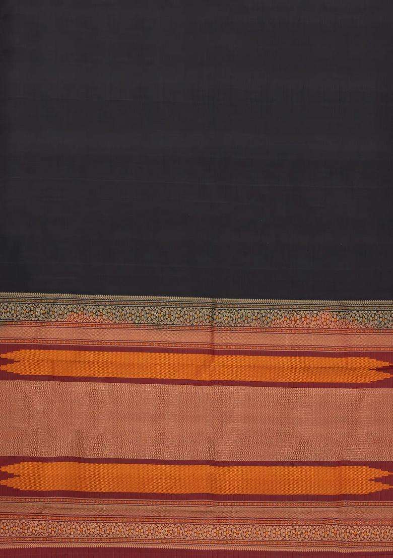 Black Handloom Kanchipuram Silk Saree With Thread Work Border With Traditional Woven Design For Women - Indya