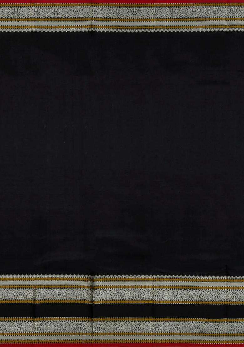 Black Handloom Kanchipuram Silk Saree With Thread Buttas With Buttas And Brocade Design For Women - Indya