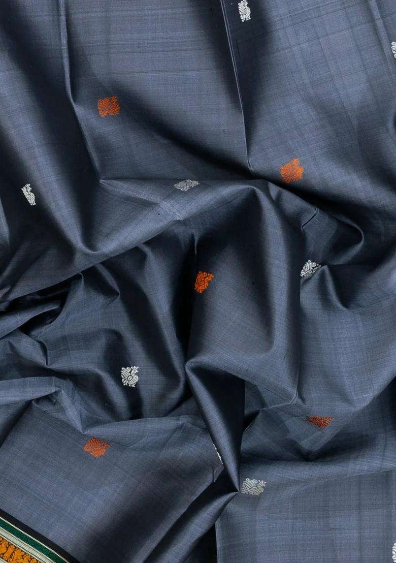 Grey Handloom Kanchipuram Silk Saree With Silk Buttas With Buttas And Brocade Design For Women - Indya