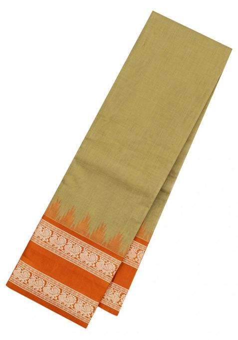 Cardamom Green Handloom Kanchi Cotton Saree With Contrast Silk Border With Traditional Woven Design For Women