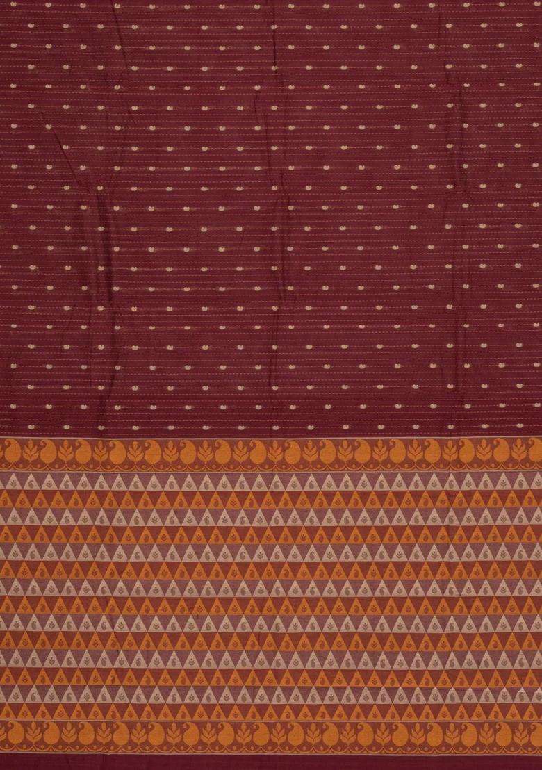 Maroon Woven Rasipuram Cotton Sari With Stripes Saree With Checks And Stripes Design For Women - Indya