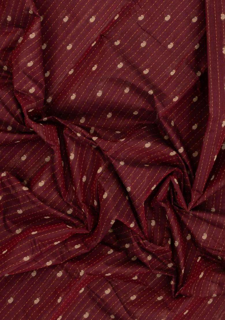 Maroon Woven Rasipuram Cotton Sari With Stripes Saree With Checks And Stripes Design For Women - Indya