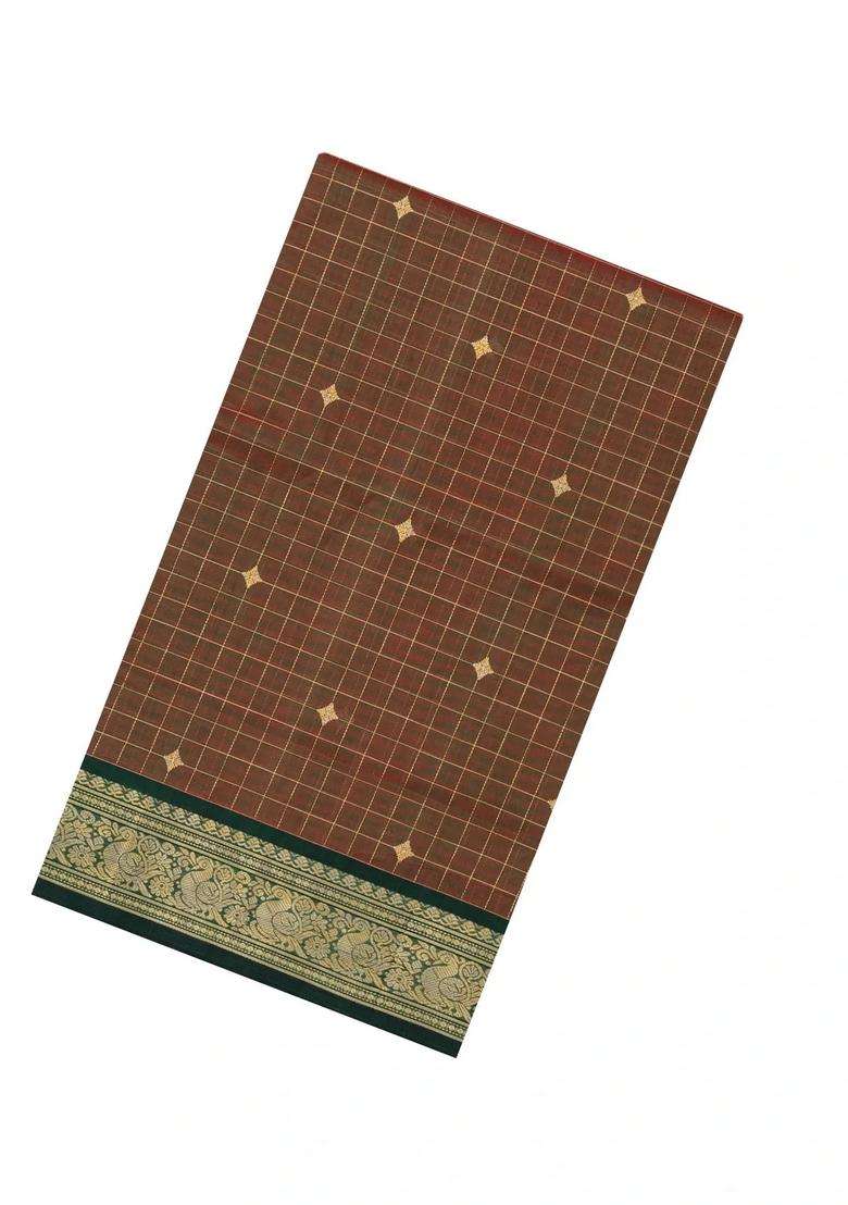 Dark Olive Handloom Silk Cotton Saree With Checks Buttas With Buttas And Brocade Design For Women - Indya