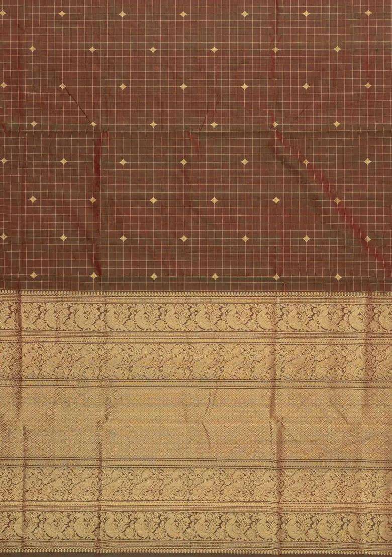 Dark Olive Handloom Silk Cotton Saree With Checks Buttas With Buttas And Brocade Design For Women - Indya