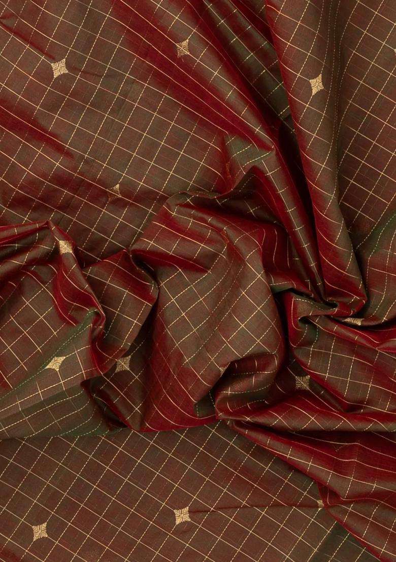 Dark Olive Handloom Silk Cotton Saree With Checks Buttas With Buttas And Brocade Design For Women - Indya