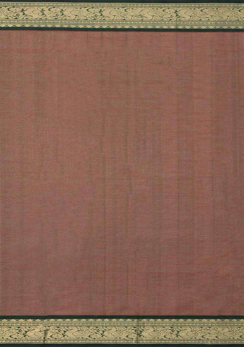 Dark Olive Handloom Silk Cotton Saree With Checks Buttas With Buttas And Brocade Design For Women - Indya