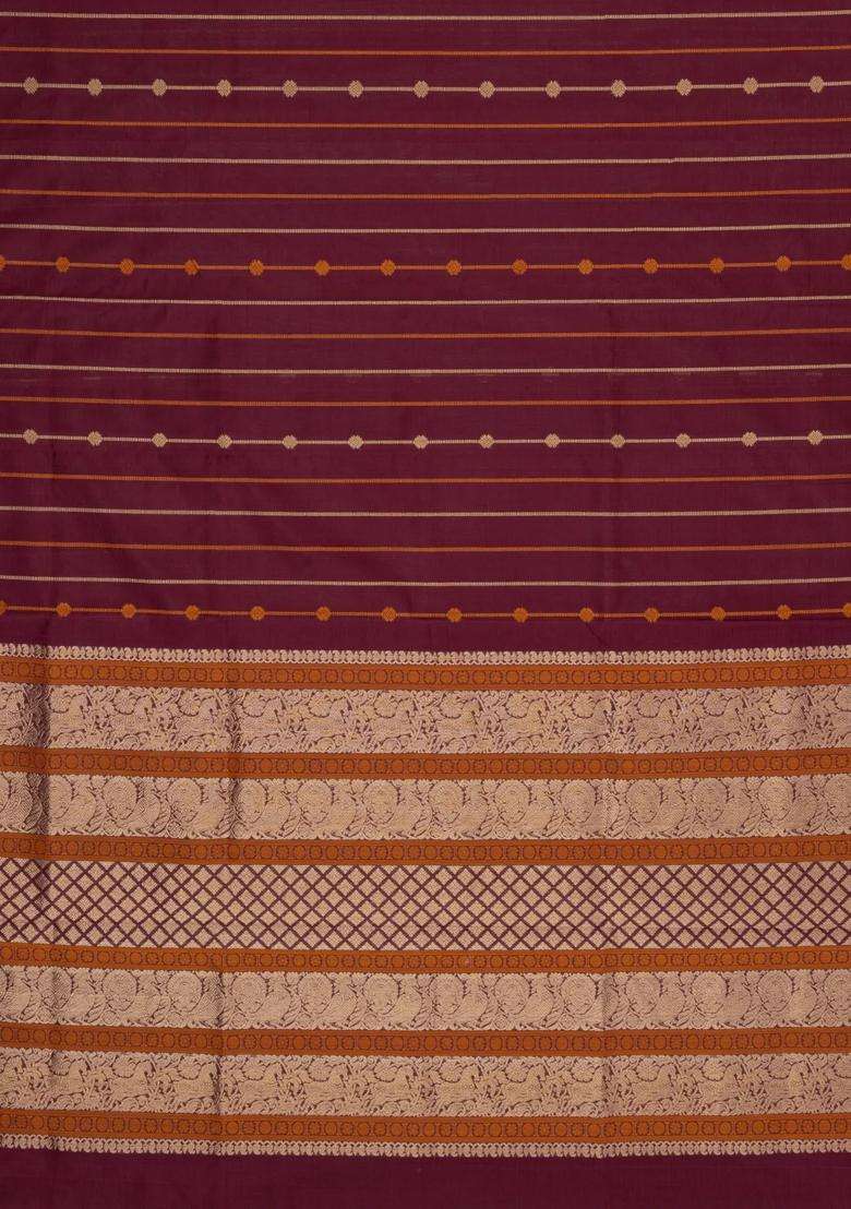 Maroon Handloom Kanchi Cotton Saree With Silk Border With Checks And Stripes Design For Women - Indya