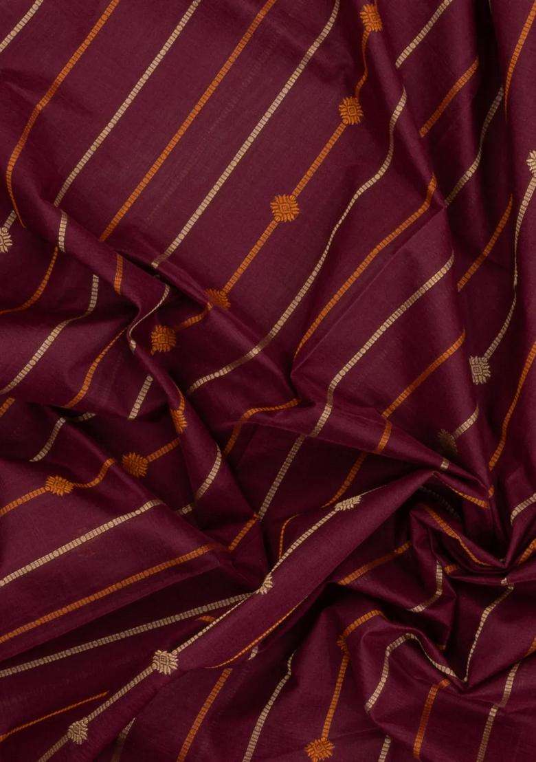 Maroon Handloom Kanchi Cotton Saree With Silk Border With Checks And Stripes Design For Women - Indya