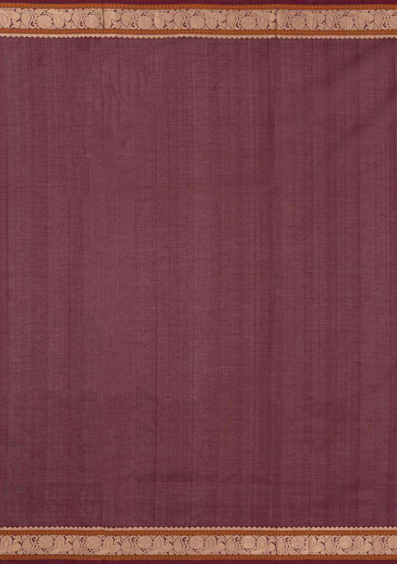 Maroon Handloom Kanchi Cotton Saree With Silk Border With Checks And Stripes Design For Women - Indya