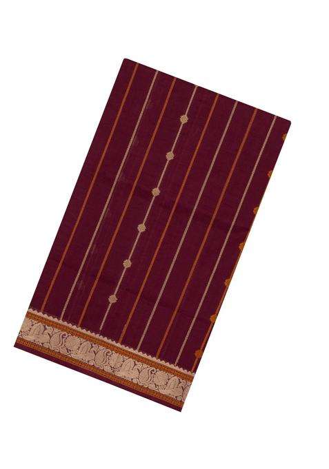 Maroon Handloom Kanchi Cotton Saree With Silk Border With Checks And Stripes Design For Women